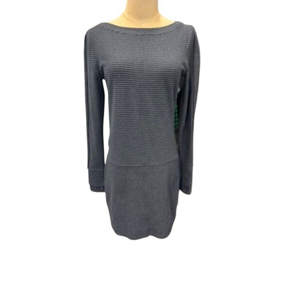 "ATHLETA" Gray W/Black Stripes Dress SZ XS SLeeves Has Thumb Hole Gym Office - Picture 1 of 11